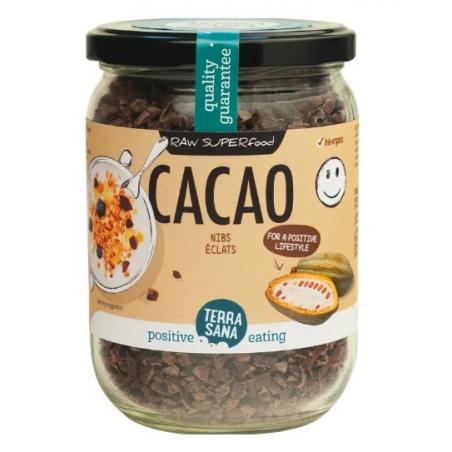 Raw cacao nibs in glas