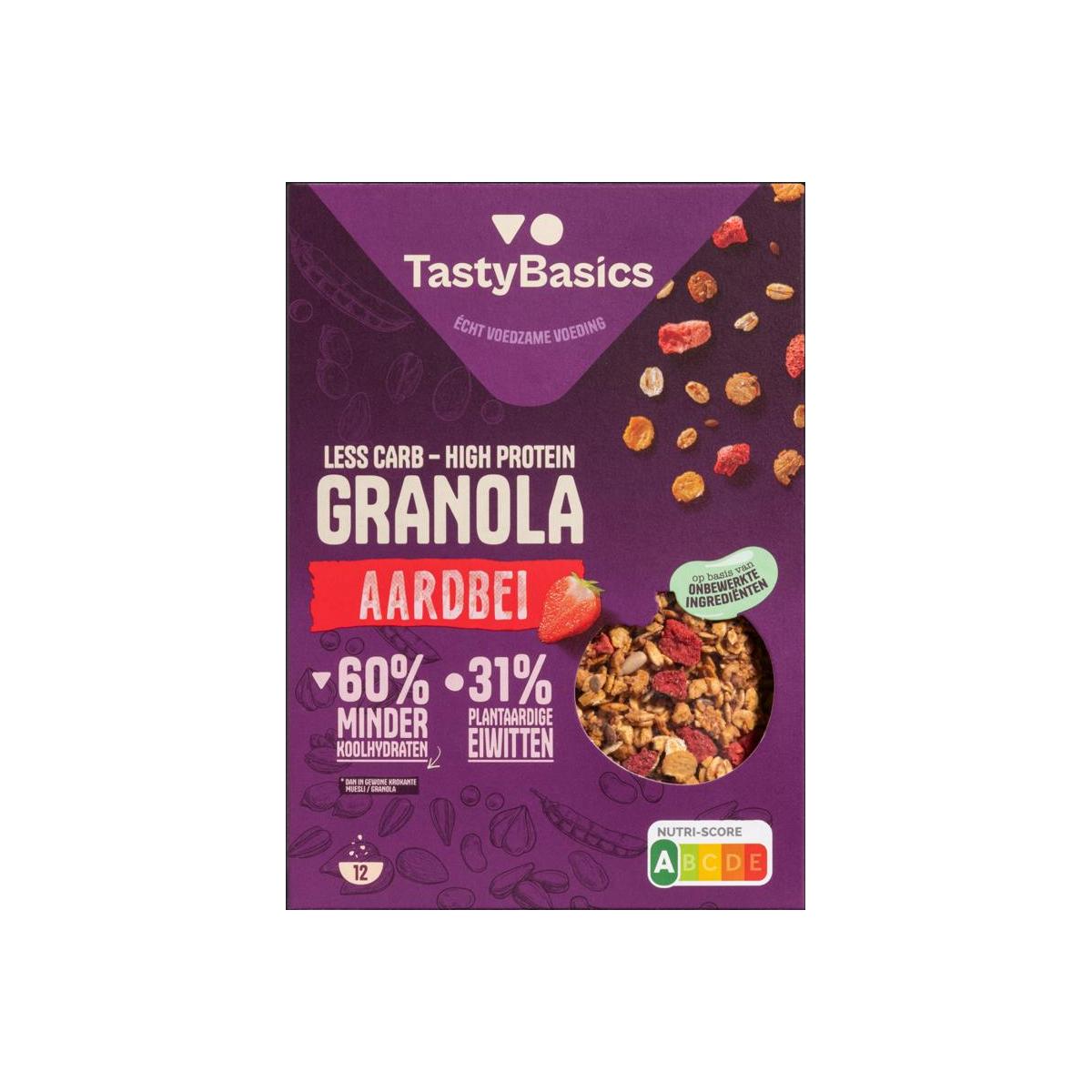 Less carb-high protein granola aardbei