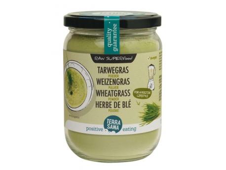 Raw tarwegras poeder in glas