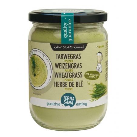 Raw tarwegras poeder in glas